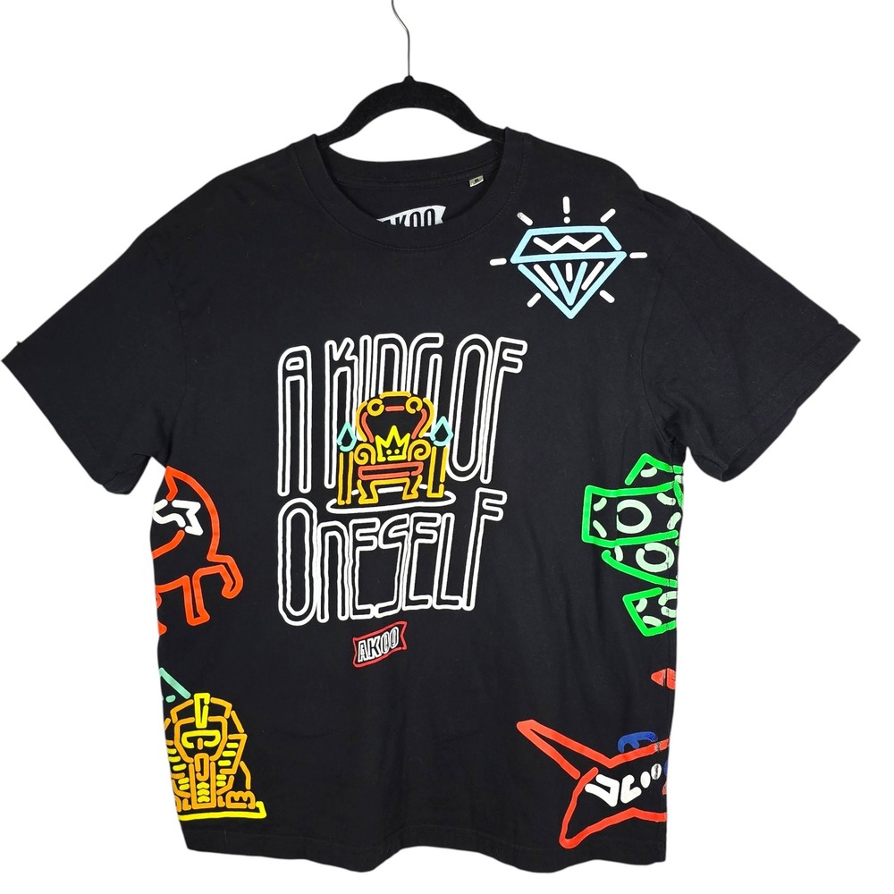AKOO Mens King Of Oneself Graphic T-Shirt Black XL Neon Streetwear Hip Hop‎ Tee